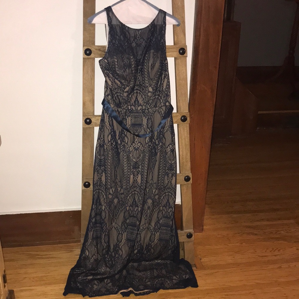 Ashley and Justin midnight blue lace formal wear